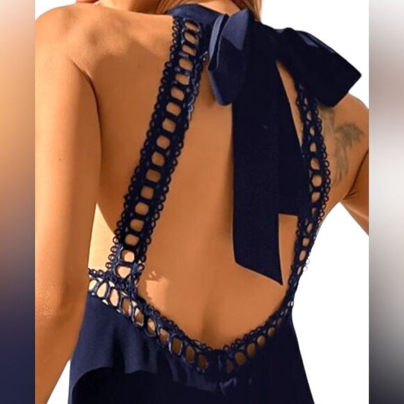 SHEIN NEW LACE PANEL TIE BACKLESS HALTER DRESS NAVY BLUE SIZE 6 - Picture 4 of 5